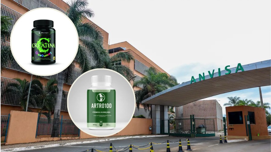 Imagens ilustrativas de produtos proibidos e suspensos pela Anvisa. Ao fundo, sede do órgão