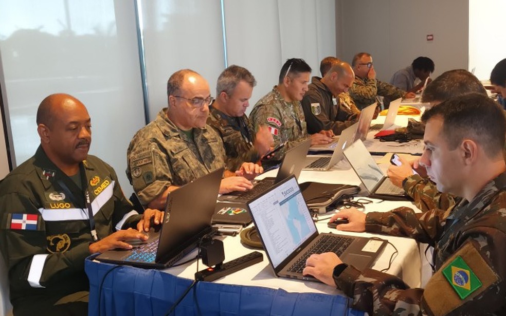 Membros das Forças Armadas de oito países reúnem-se na cidade de Georgetown, Guiana, para realização de exercício conjunto — Foto: Comissão de Defesa Civil da Guiana