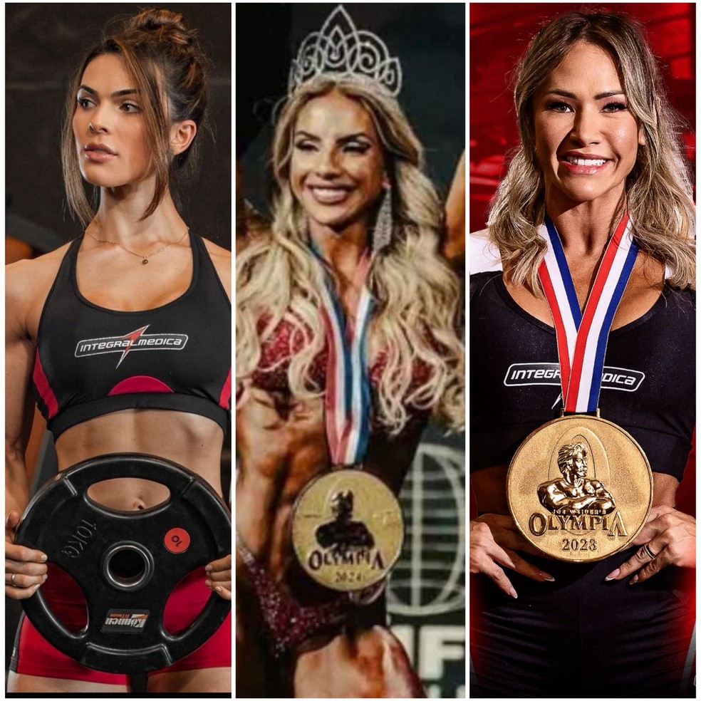 Isa Nunes, campeã do Olympia Wellness 2024, acompanhada de Francielle Mattos e Elisa Pecini, também campeãs em suas categorias — Foto: Divulgação CO Assessoria / Reprodução Redes Sociais