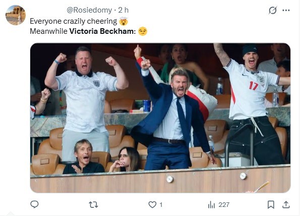 Reação de Victoria Beckham ao gol da virada da Inglaterra viraliza nas redes: ‘Morta por dentro’