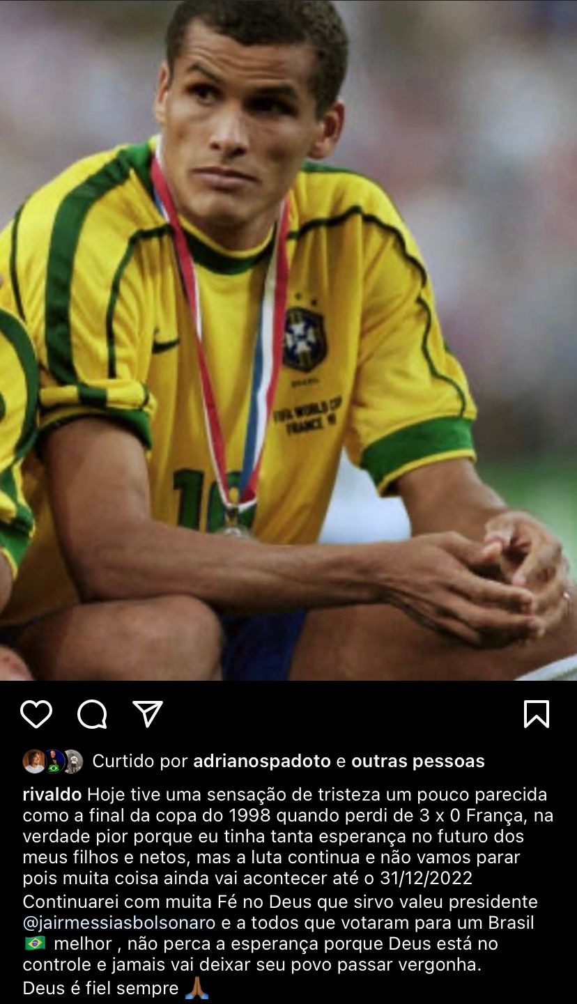 O pentacampeão Rivaldo comparou a tristeza da vitória de Lula com a derrota para a França na final da Copa do Mundo de 1998 — Foto: Reprodução/Instagram