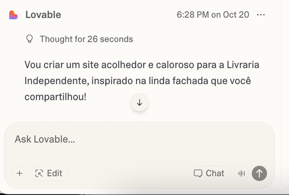 Depois de criar site, usuário pode editar resultado (na função "Edit") ou fazer perguntas para a Lovable (em "Chat") — Foto: Reprodução/Lovable