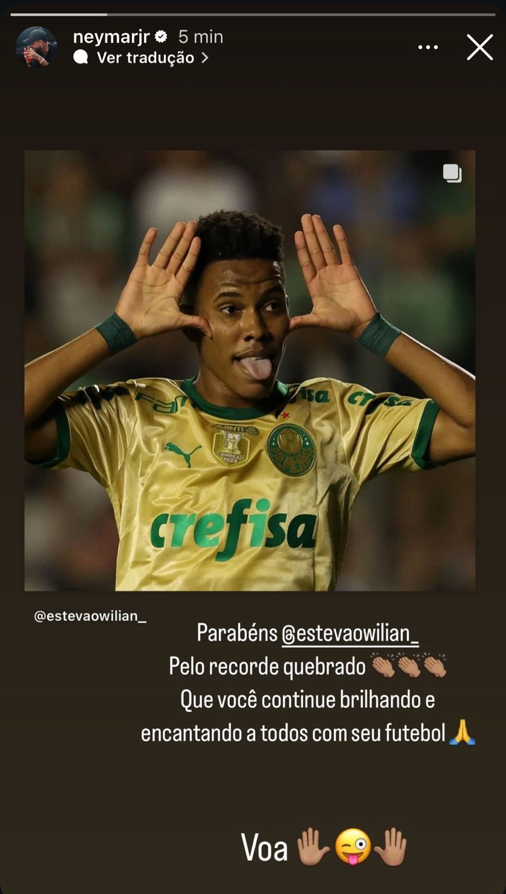 Neymar parabeniza Estêvão por recorde quebrado — Foto: Reprodução