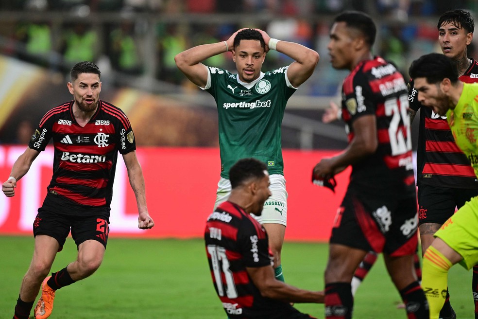 Danilo, of Flamengo, celebrates the cut that stopped Vitor Roque, of Palmeiras, in the Libertadores final as a goal - Photograph: Ernesto Benavides/AFP
