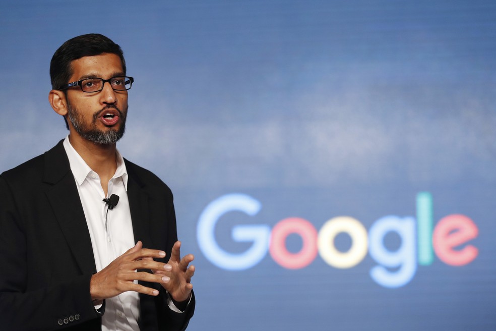 O CEO do Google, Sundar Pichai: empresa alega que IA é boa para Web — Foto: AP