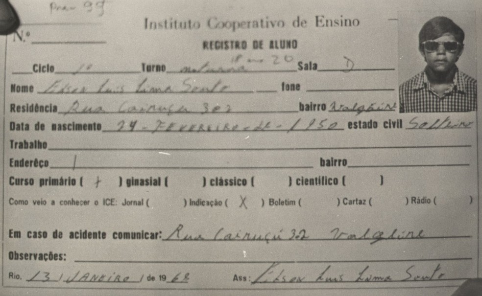 Registro estudantil de Edson Luís Lima Souto — Foto: Reprodução/Wikipedia