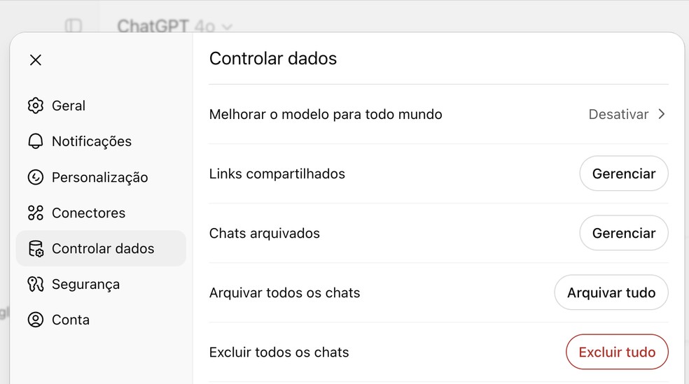Ative nas configurações a opção de não usar as conversas para treinamento do modelo — Foto: Reprodução/ChatGPT
