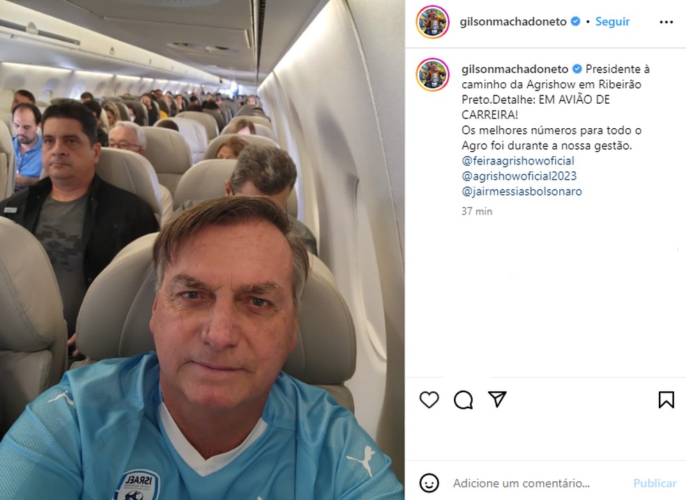 Gilson Machado publicou selfio do ex-presidente Jair Bolsonaro a caminho de Ribeirão Preto em seu perfil no Instagram — Foto: Reprodução/Instagram