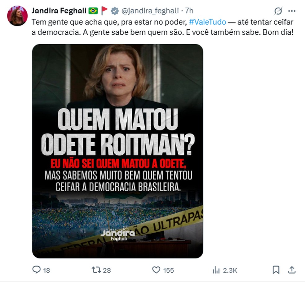 Deputada Federal Jandira Feghali compartilha cartaz com foto de Odete Roitman em alusão a trama golpista — Foto: Reprodução / X