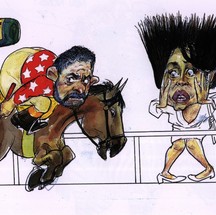 Lula vestido de jóquei sobre um cavalo e Regina Duarte e sua face de medo que disse sentir do político — Foto: Paulo Caruso