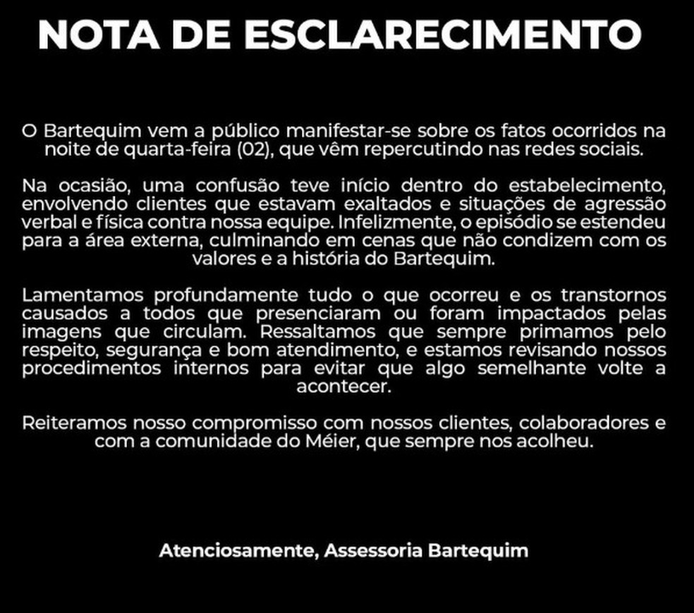 Resposta do Bartequim ao caso de agressão no estabelecimento — Foto: Reprodução / Instagram