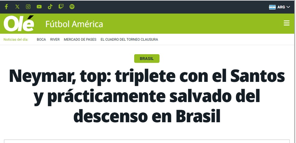 Jornal Olé destaca atuação de Neymar — Foto: Reprodução