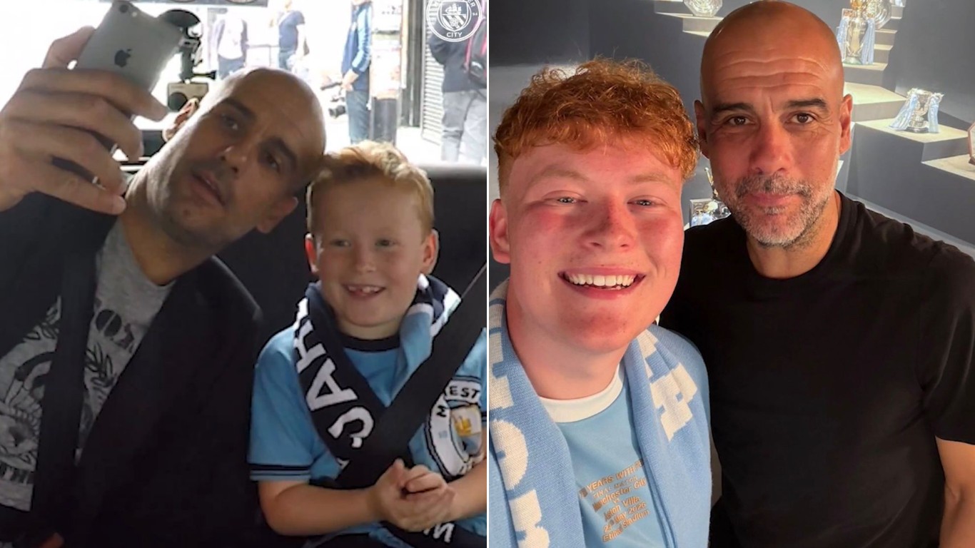 Guardiola reencontra 'menino do táxi' após 10 anos e faz surpresa com troféus do Manchester City; veja vídeo