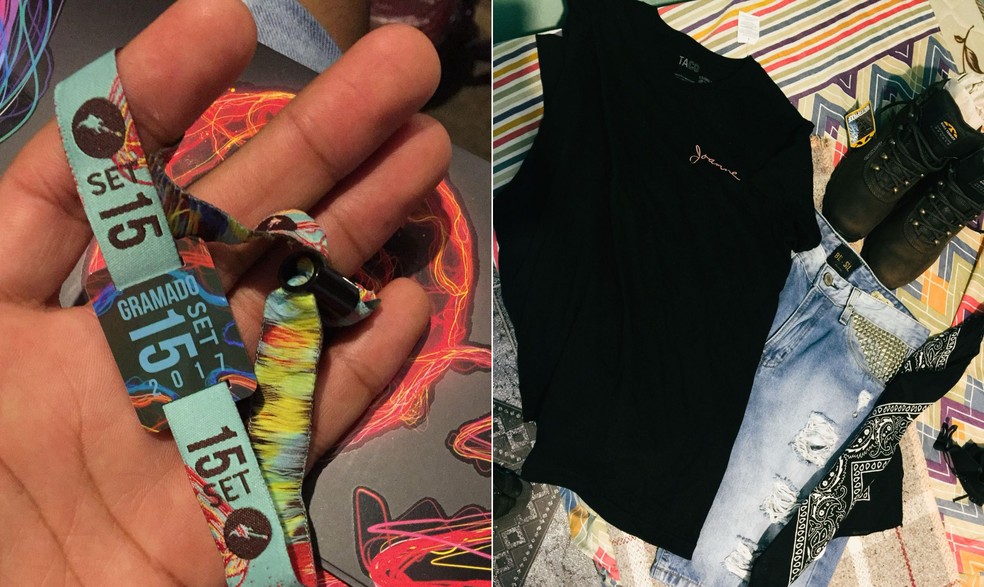 Pulseira do Rock In Rio e look que Leonardo usaria no show, incluindo a bandana preta — Foto: Arquivo pessoal/ Leonardo dos Santos