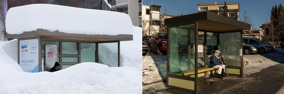 Um ponto de ônibus na cidade de Davos em janeiro de 2018, à esquerda, e janeiro de 2023, à direita — Foto:  Jason Alden/Francesca Volpi/Bloomberg
