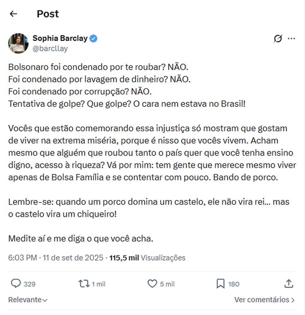 A publicação de Sophia Barclay sobre a condenação do ex-presidente Jair Bolsonaro onde cita o Bolsa Família — Foto: Reprodução/X