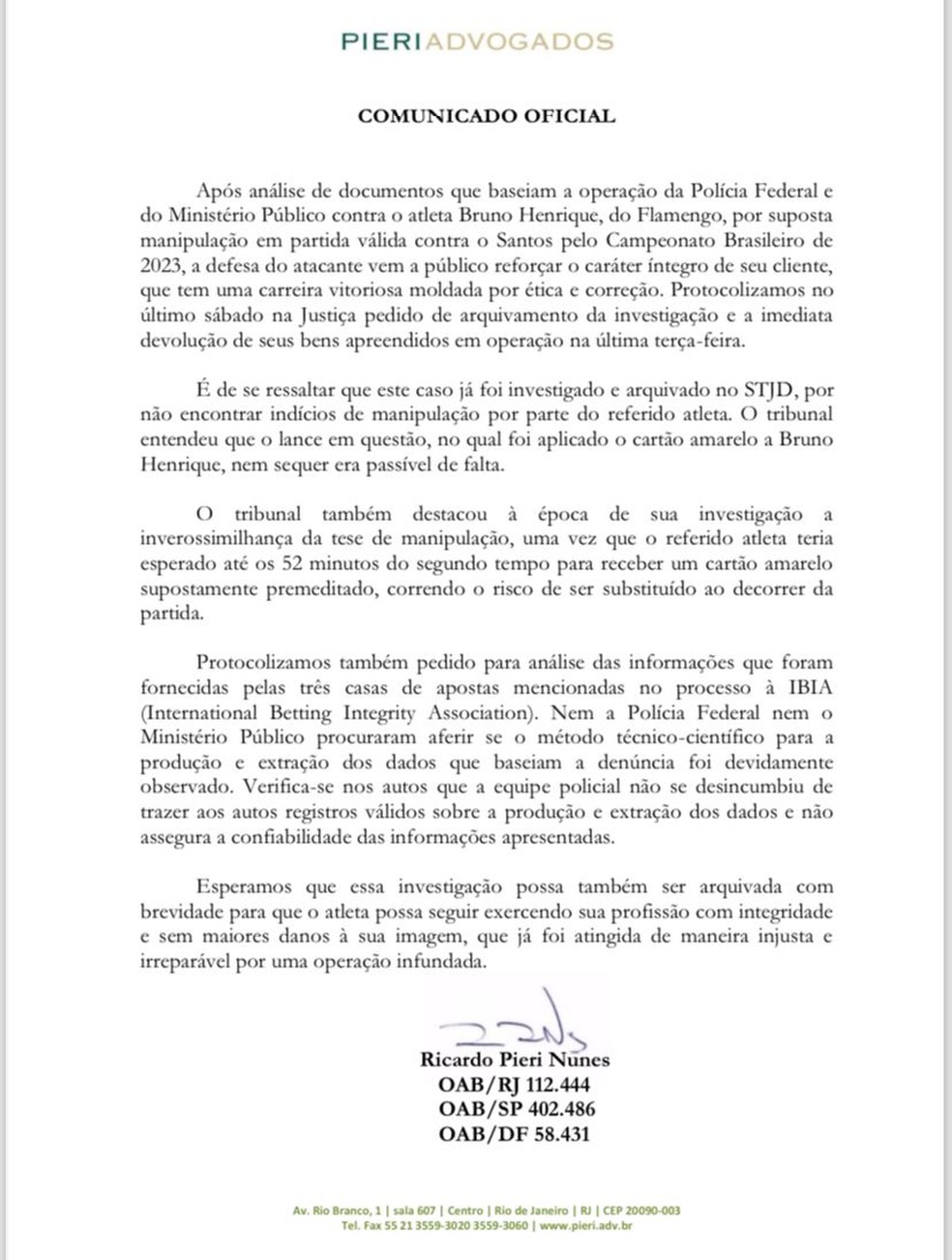 Comunicado de Bruno Henrique — Foto: REprodução