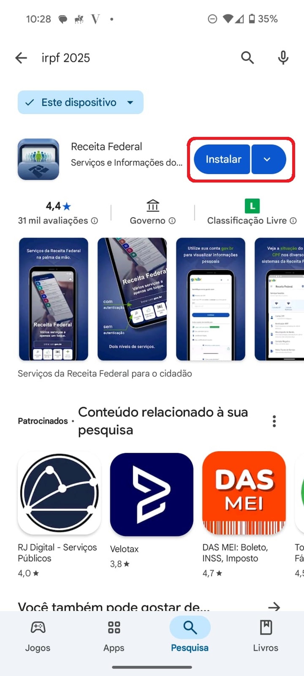 Como baixar o app da Receita Federal na PlayStore (Android) — Foto: Reprodução