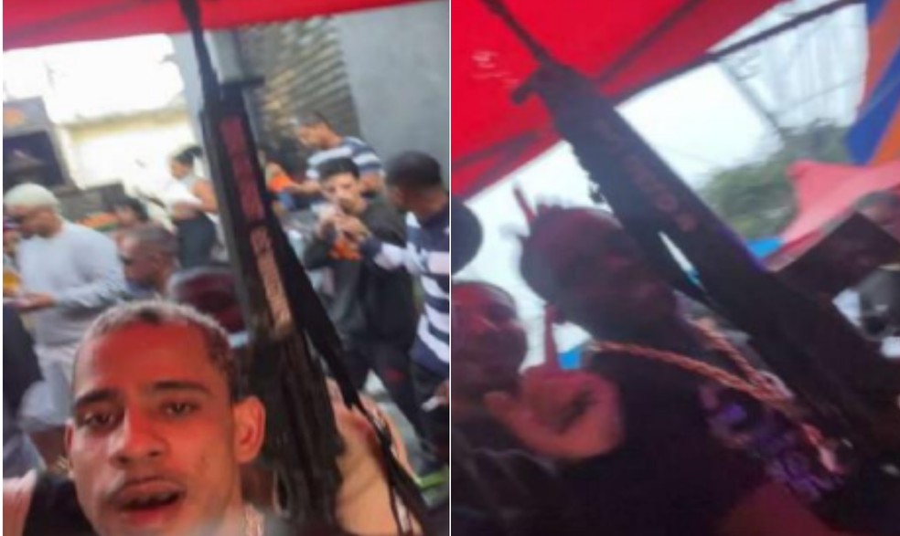 Geovane dos Anjos, vulgo Pinguim ou Du Gelo, portando um fuzil ao lado de outros criminosos — Foto: Reprodução