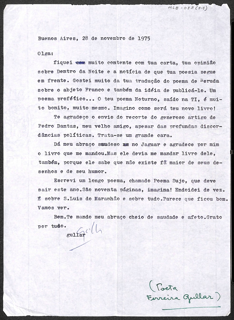 Carta de Ferreira Gullar a Lygia Fagundes Telles (1975) — Foto: Divulgação/ IEB