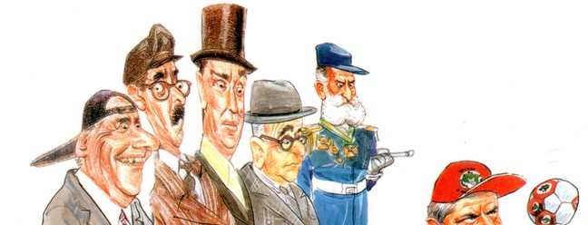 Chapéus de presidentes: Lula à frente de FHC, Jânio Quadros, JK, Getúlio Vargas e Deodoro da Fonseca — Foto: Chico Caruso