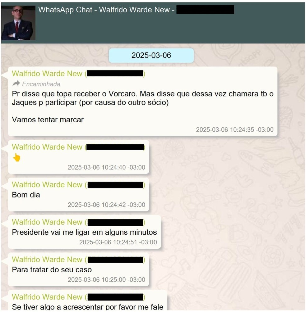 Diálogo entre advogado Walfrido Warde e Daniel Vorcaro: "Presidente vai me ligar em alguns minutos" — Foto: Reprodução