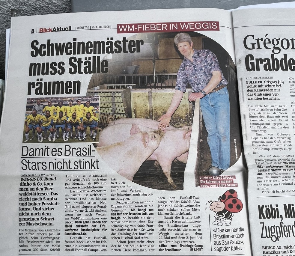 Matéria sobre os 300 porcos que tiveram que ser retirados de Weggis em razão da presença da seleção brasileira — Foto: Felipe Siqueira