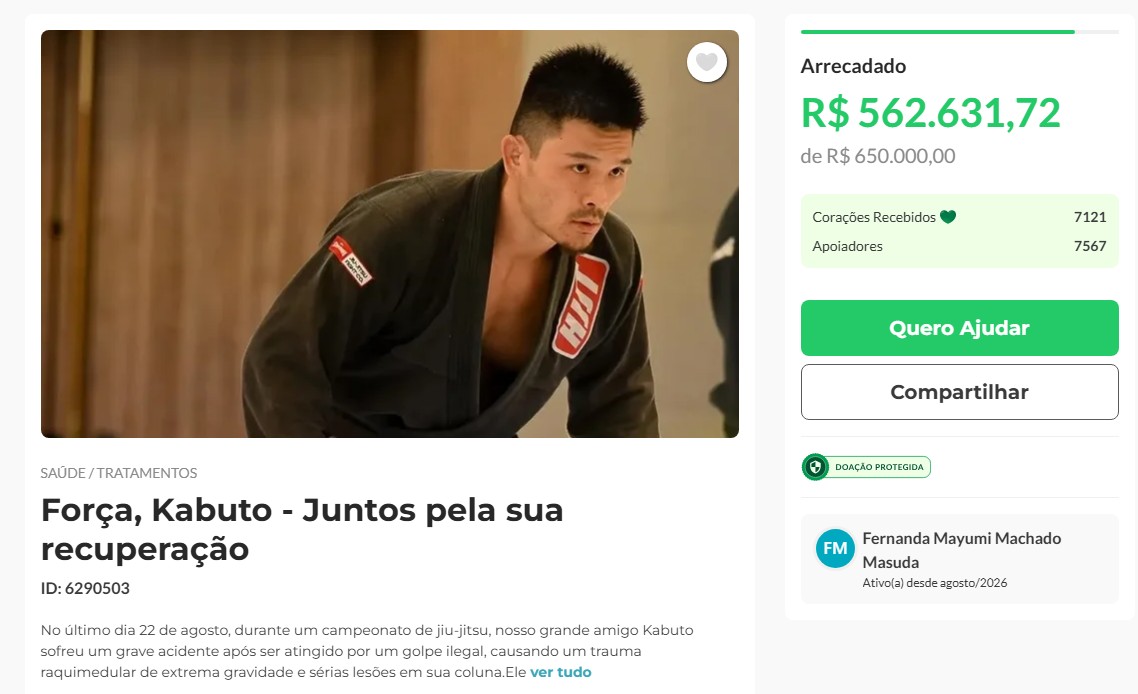 Vaquinha para ajudar Kabuto, atleta de jiu-jitsu que teve grave lesão no Paraná, passa de R$ 500 mil - QTU Questões do Universo