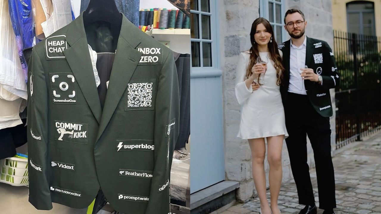 Noivo francês financia casamento vendendo espaço publicitário em seu terno; veja fotos