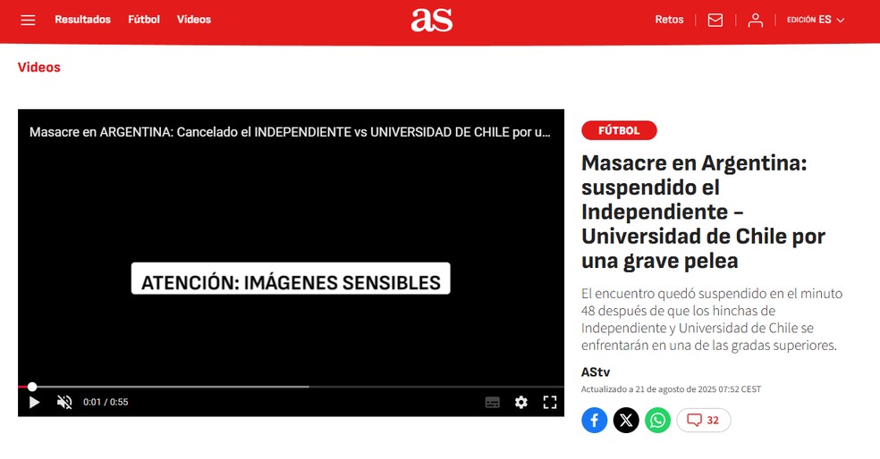 AS repercute confusão em Independiente x Universidad de Chile — Foto: Reprodução