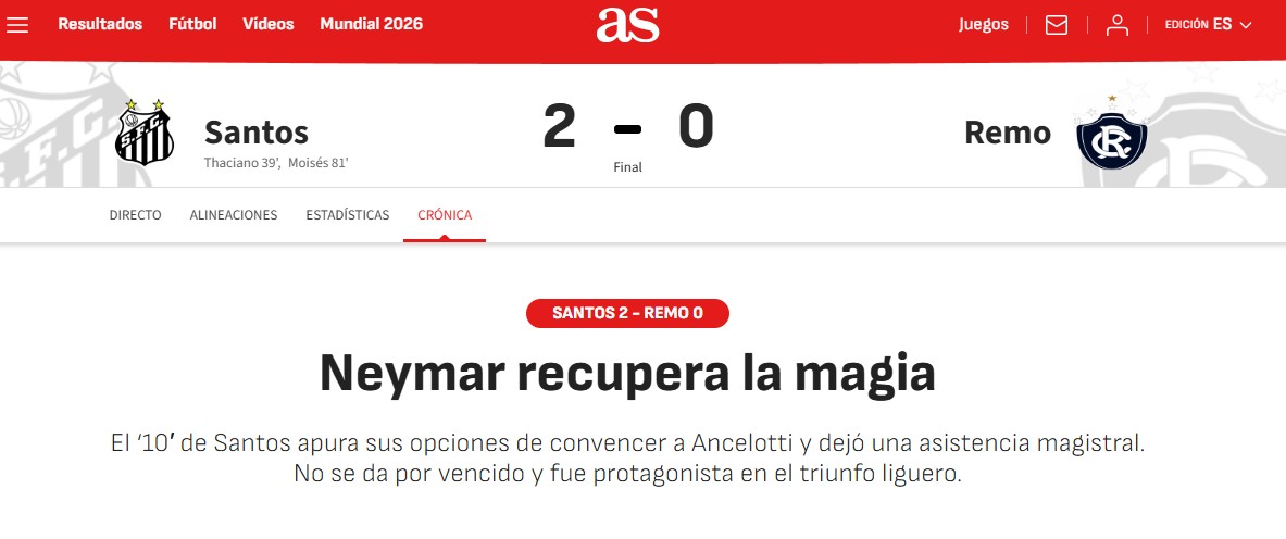 Jornal espanhol destaca atuação de Neymar contra o Remo: 'Reencontra sua magia'