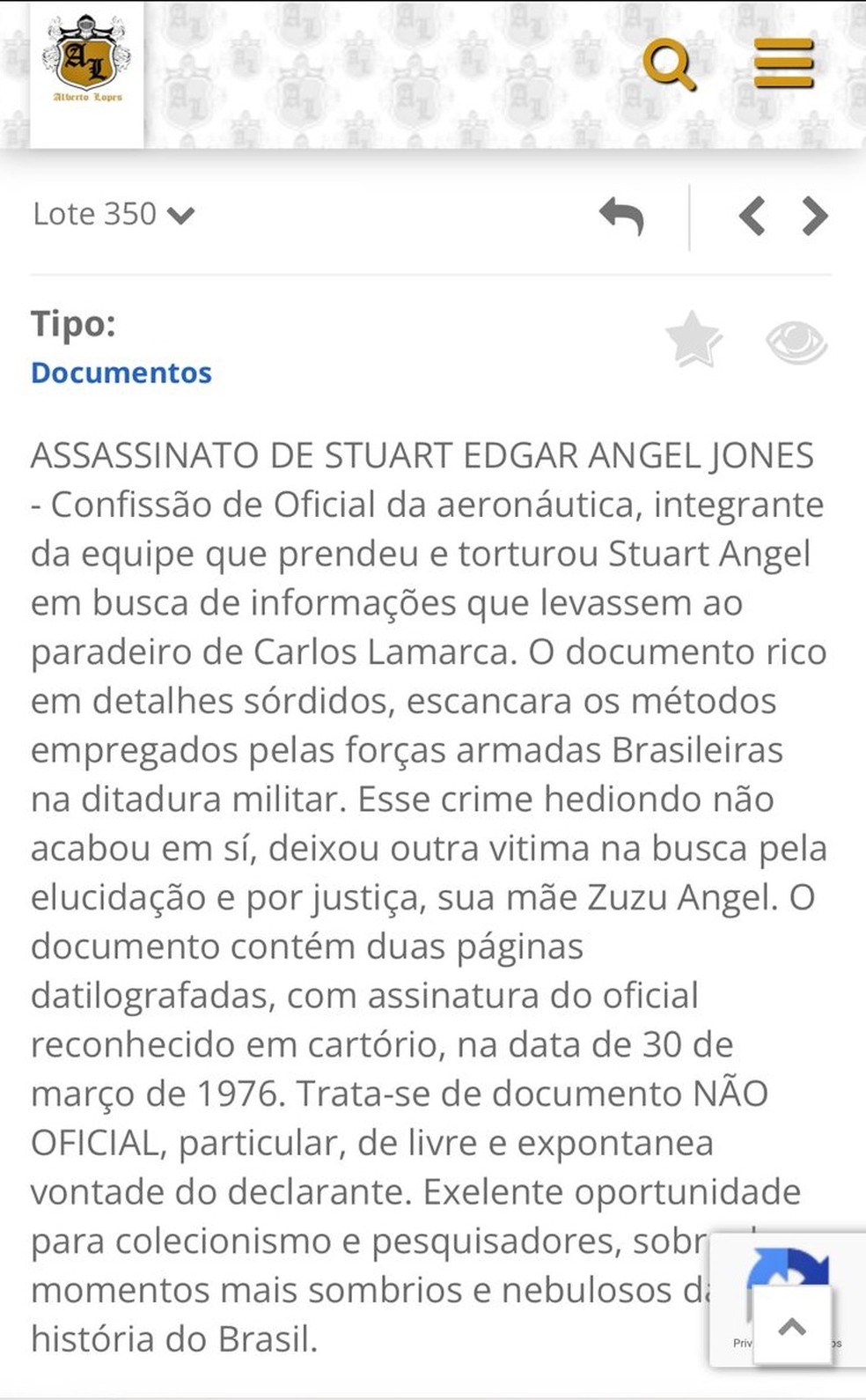 Anúncio de leilão de documento sobre assassinato de Stuart Angel — Foto: Reprodução site Alberto Lopes Leiloeiro