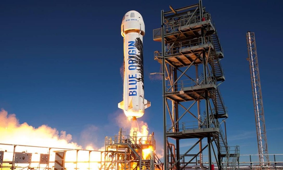 O foguete suborbital New Shepard, da companhia de BezosDivulgaçãp — Foto: Divulgaçãp