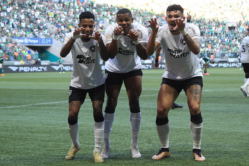 Jogadores do Botafogo comemoram o gol de Tiquinho sobre o Palmeiras com uma dança — Foto: Vitor Silva/Botafogo