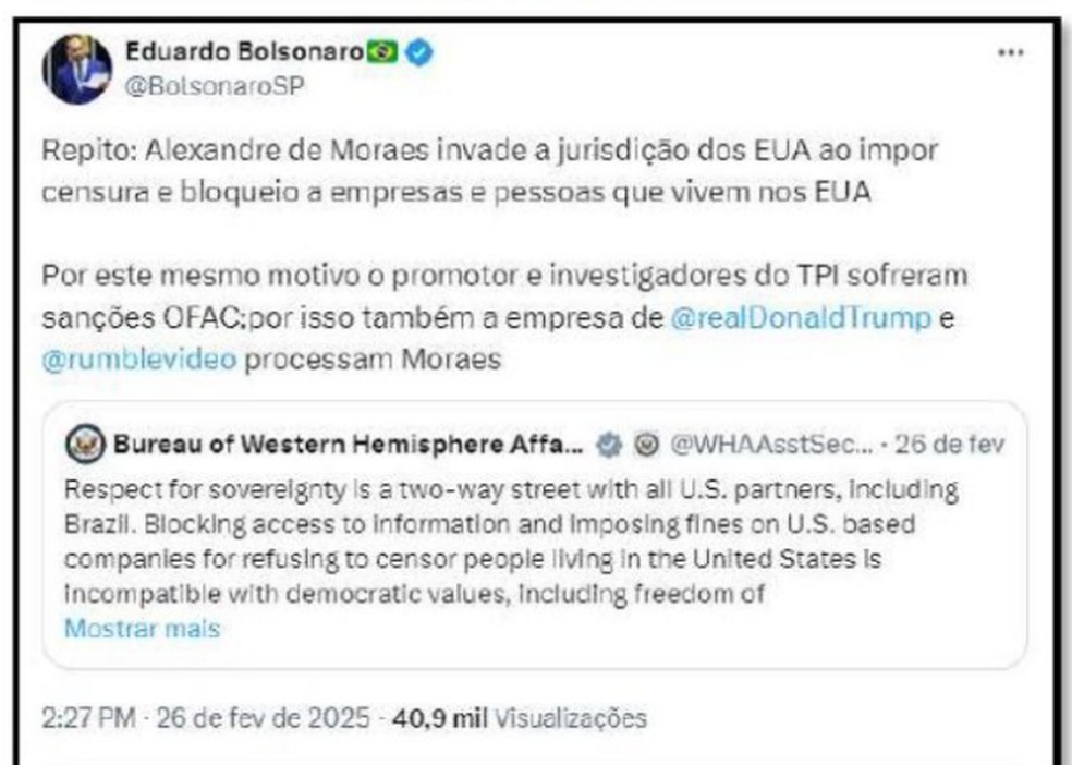 Publicação de Eduardo Bolsonaro sobre Alexandre de Moraes — Foto: Reprodução