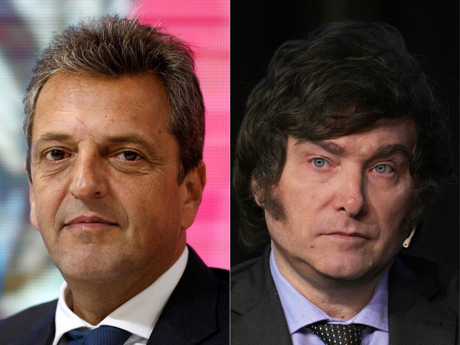 Os candidatos à presidência da Argentina, Sergio Massa e Javier Milei (R). — Foto: Tomas CUESTA e JUAN MABROMATA / AFP