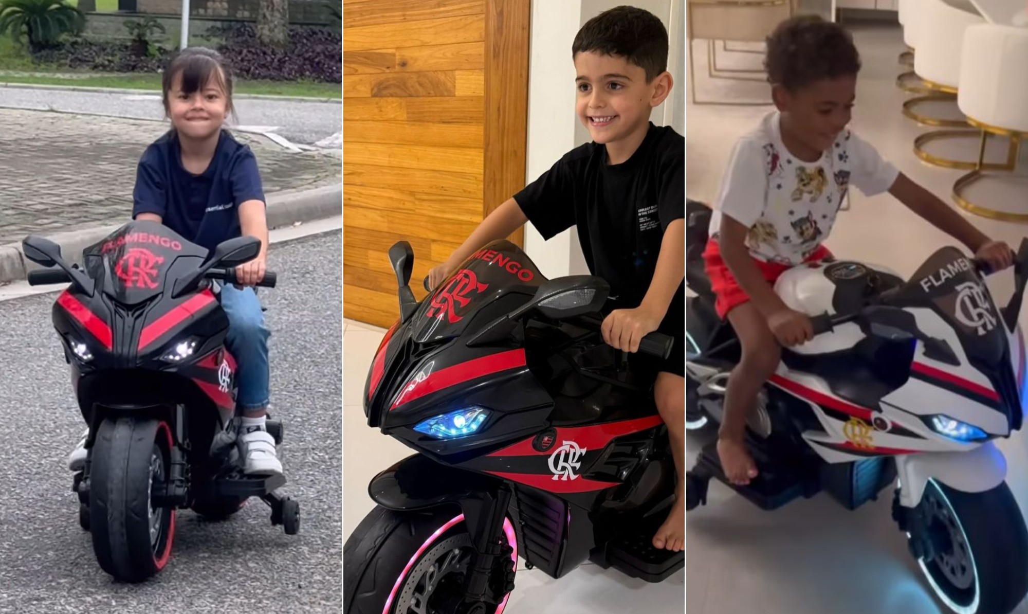 Flamengo presenteia filhos de jogadores com moto de brinquedo personalizada