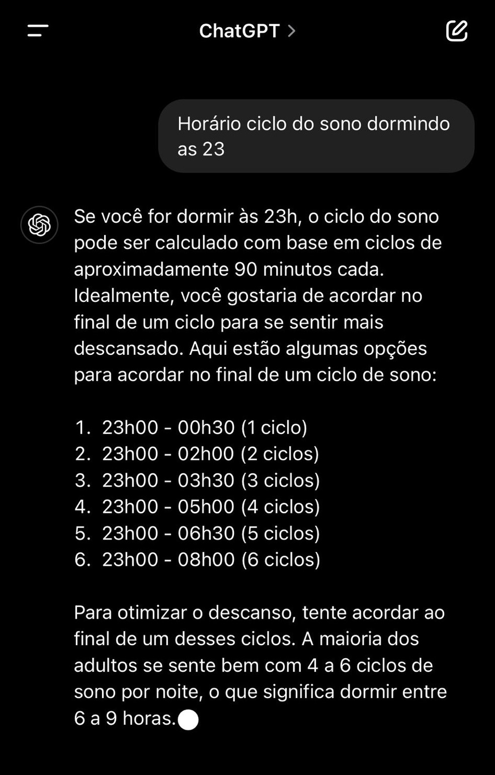 Ciclos do sono calculados pelo ChatGPT. — Foto: Reprodução / X