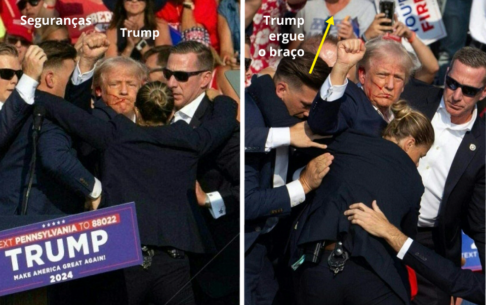 Passo a passo do atentado contra Donald Trump, na Pensilvânia, nos EUA. — Foto: Editoria de Arte/Rebecca Droke - AFP