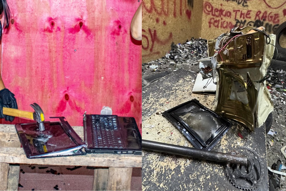 Rage room, ou sala da raiva, é um lugar onde é permitido destruir objetos livremente, sem precisar limpar nada depois — Foto: Reprodução/Instagram/Sala da Raiva e The Rage