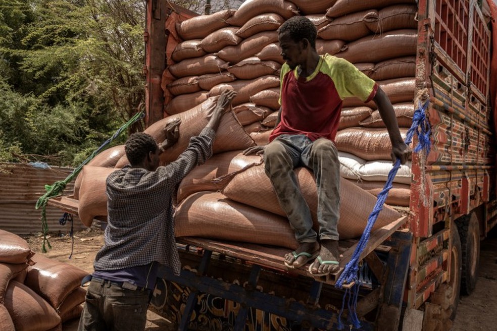 Comerciantes carregam grãos transportados da Etiópia para a Somália, em Dollow, Somália, em 29 de abril de 2026 — Foto: Finbarr O'Reilly/The New York Times
