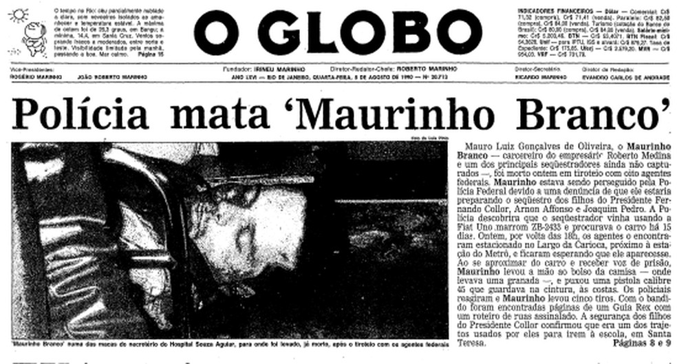 Primeira página do GLOBO destacando a morte de Maurinho, em 1990 — Foto: Acervo O GLOBO