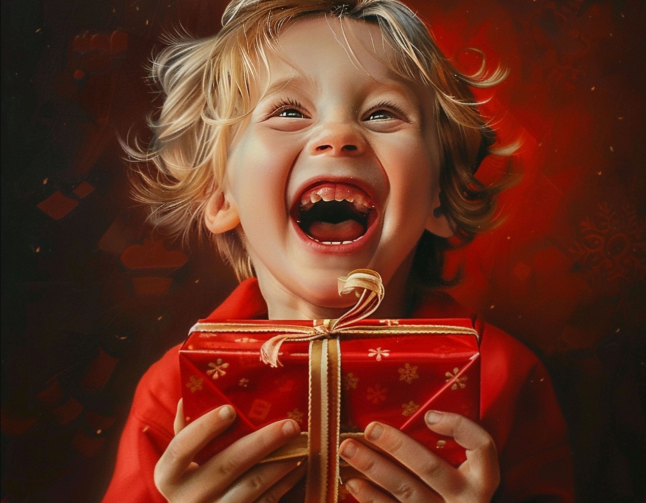 Alegria: Uma criança sorri imensamente feliz e até grita de boca aberta de tanta felicidade quando recebe um presente. Esta imagem serve como uma prova do poder da felicidade — Foto: Imagem gerada por IA/Midjourney