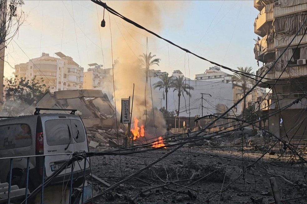 Subúrbios do sul de Beirute, no Líbano, ficam destruídos após ataque israelense — Foto: AFPTV / AFP