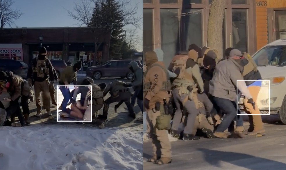 Agente da Patrulha de Fronteira toma arma de Alex Pretti que estava guardada em suas costas, na altura de seu quadril, e se afasta da cena — Foto: Reprodução/Redes sociais