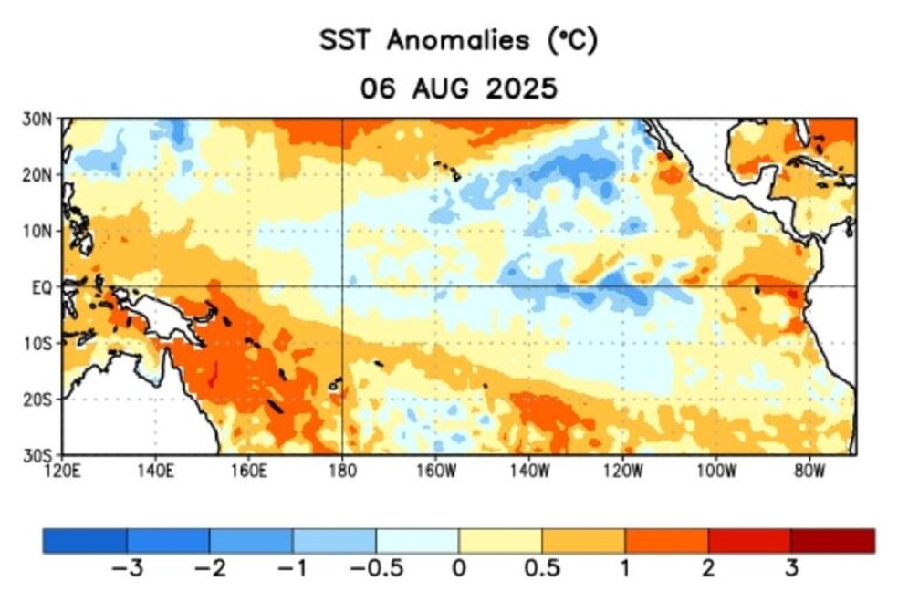 Temperatura média da superfície do mar em relação à média — Foto: Reprodução / NOAA