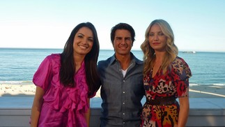 Patricia Poeta com Tom Cruise e Cameron Diaz — Foto: TV Globo