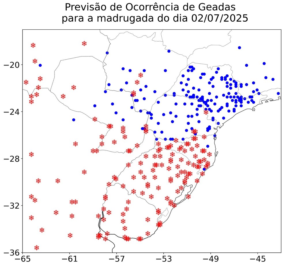 Previsão de chuva na região Sul nesta quarta-feira — Foto: Reprodução/Inpe