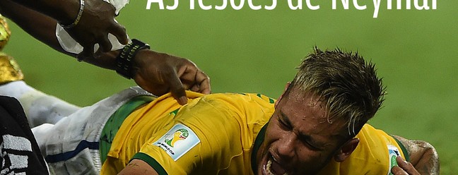 Neymar sofre falta e lesiona a coluna, no Estádio do Castelão contra a Colômbia e é cortado da Copa de 2014 no Brasil — Foto: EITAN ABRAMOVICH/AFP