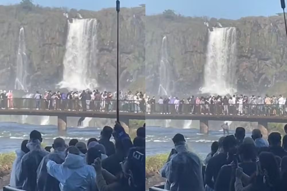 Turista se pendura em passarela e pula nas águas das Catarat